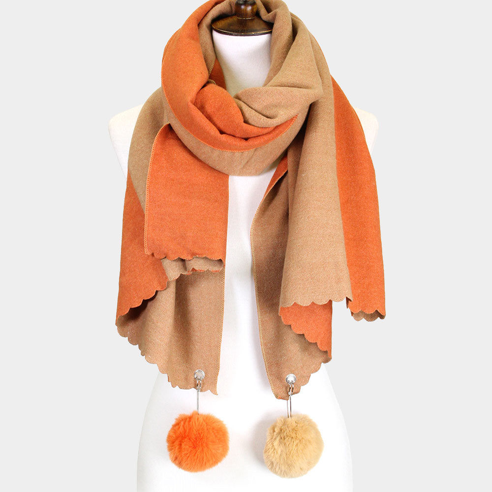 Fall/Winter Reversible Soft Scarf With Pom-Pom Accents Coral