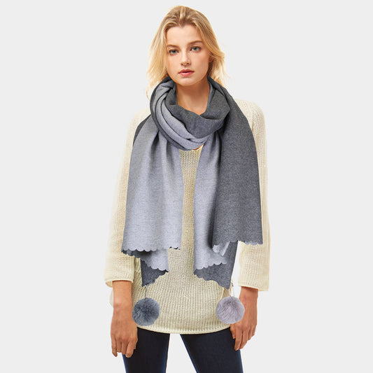 Fall/Winter Reversible Soft Scarf With Pom-Pom Accents Gray