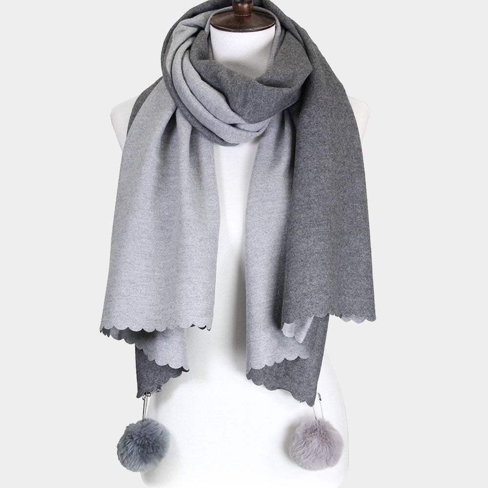 Fall/Winter Reversible Soft Scarf With Pom-Pom Accents Gray