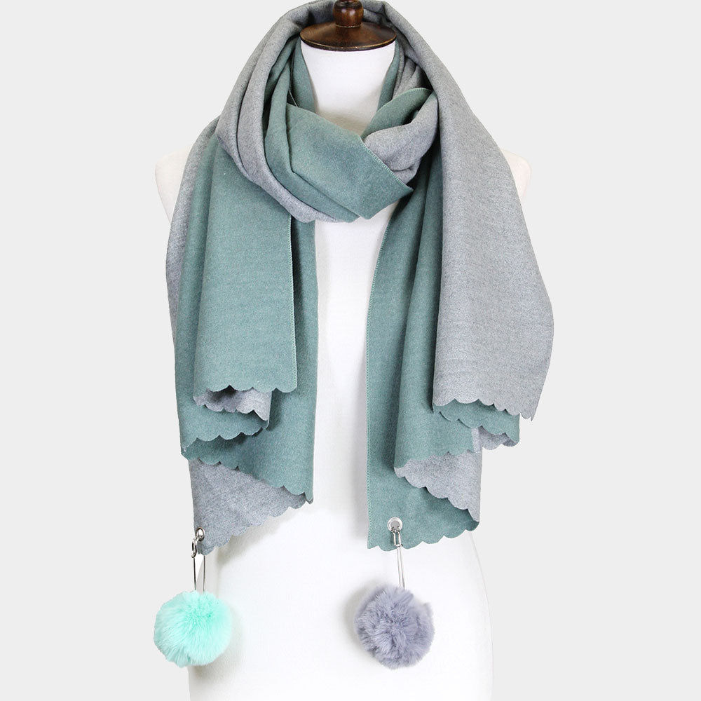 Fall/Winter Reversible Soft Scarf With Pom-Pom Accents Mint