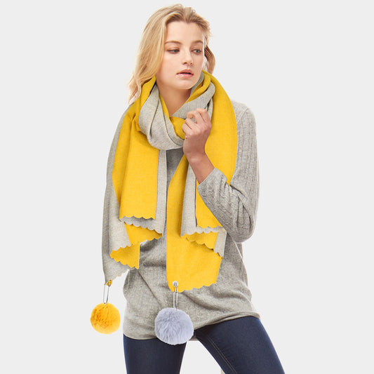Fall/Winter Reversible Soft Scarf With Pom-Pom Accents Mustard
