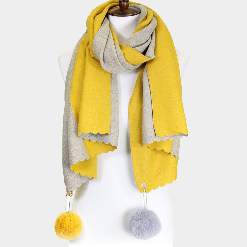 Fall/Winter Reversible Soft Scarf With Pom-Pom Accents Mustard
