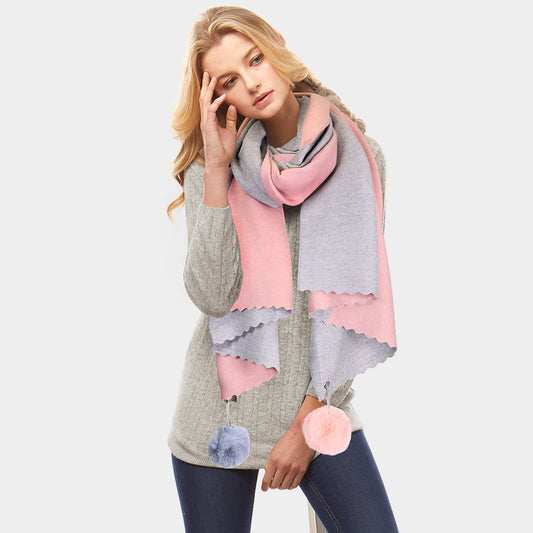 Fall/Winter Reversible Soft Scarf With Pom-Pom Accents Pink