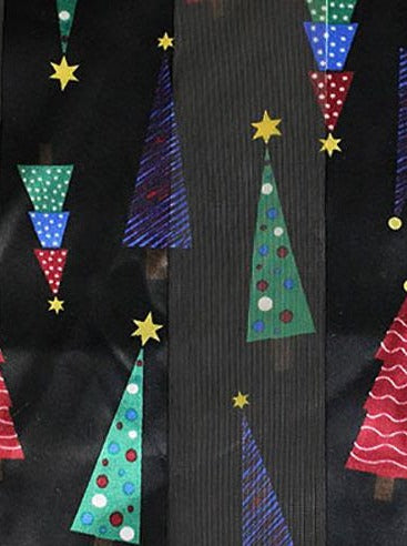 Holiday Satin Striped Christmas Tree Print Scarf Black Rectangle
