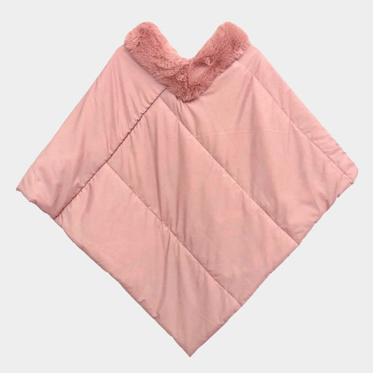 Puffer Poncho Faux Fur Trimmed Pink
