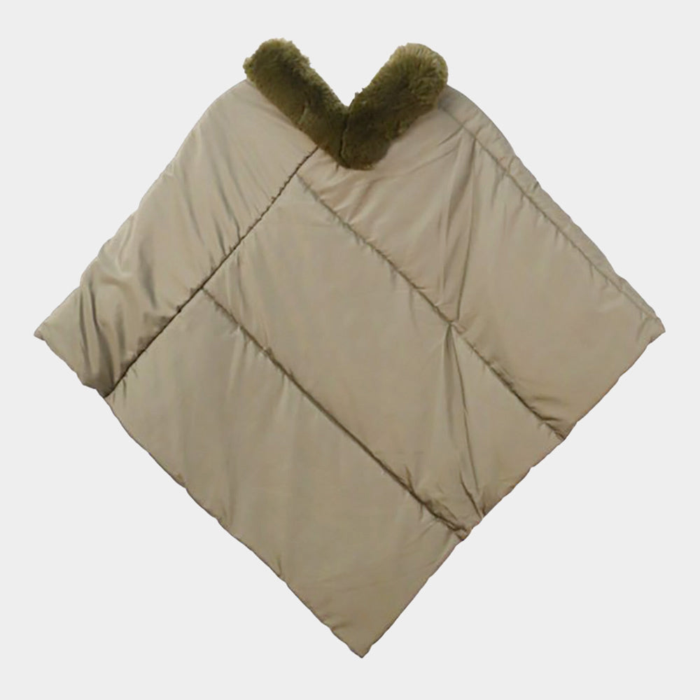 Puffer Poncho Faux Fur Trimmed Olive