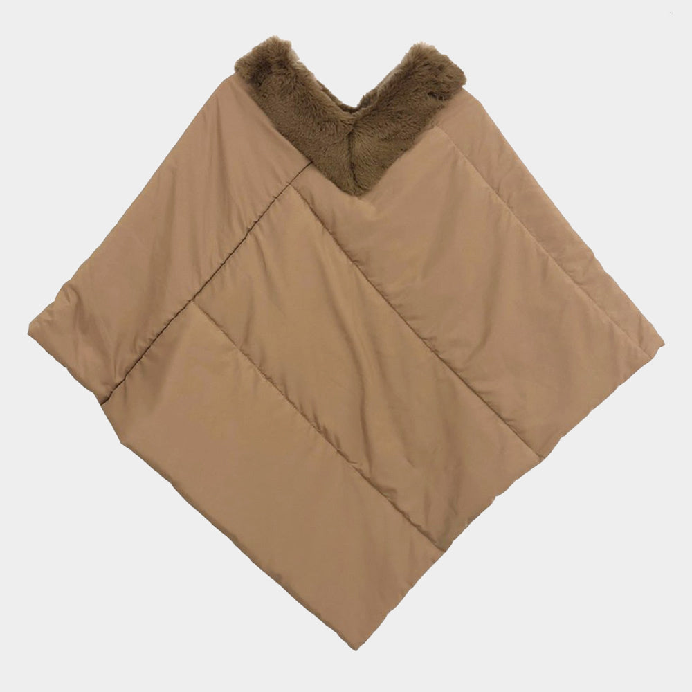 Puffer Poncho Faux Fur Trimmed Taupe