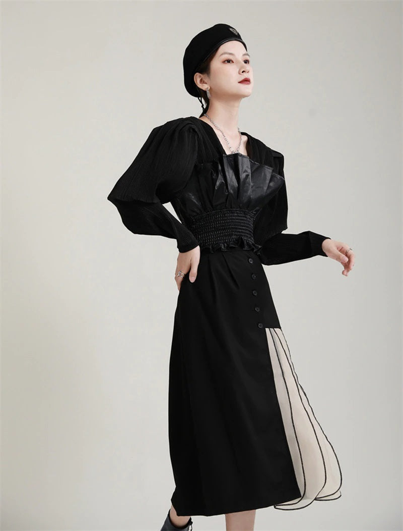 High Waist Skirt with Dual Body Half Black A-line & half Chiffon Pleated in Black