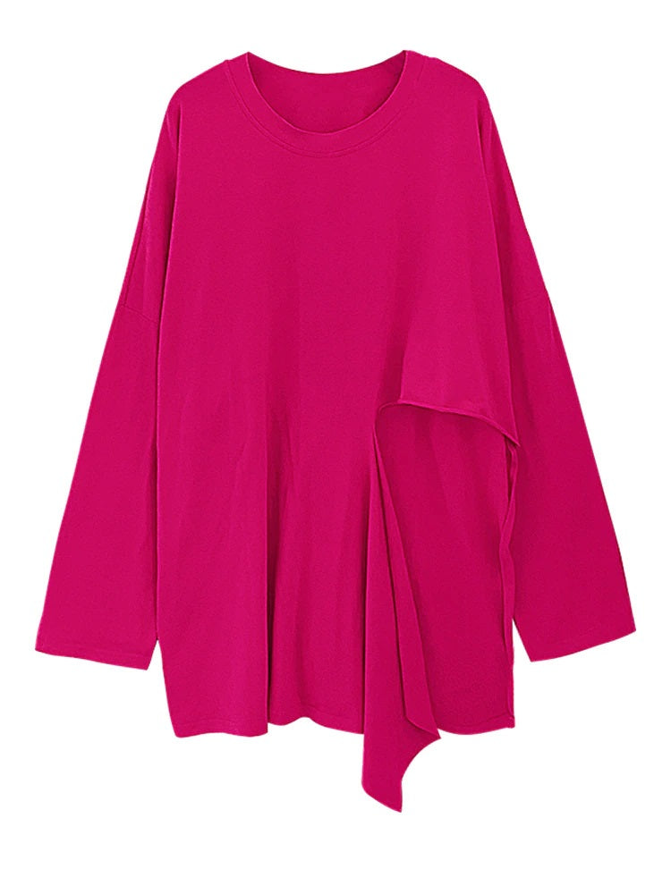 Long Sleeve Tee with Side Cut-Out Round Neck in Rose
