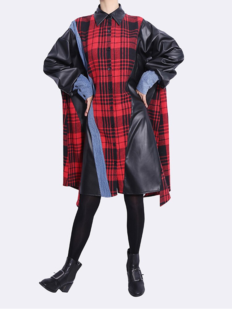 Plaid Leather Long Sleeve Shirt Dress with A-line Fit in Red