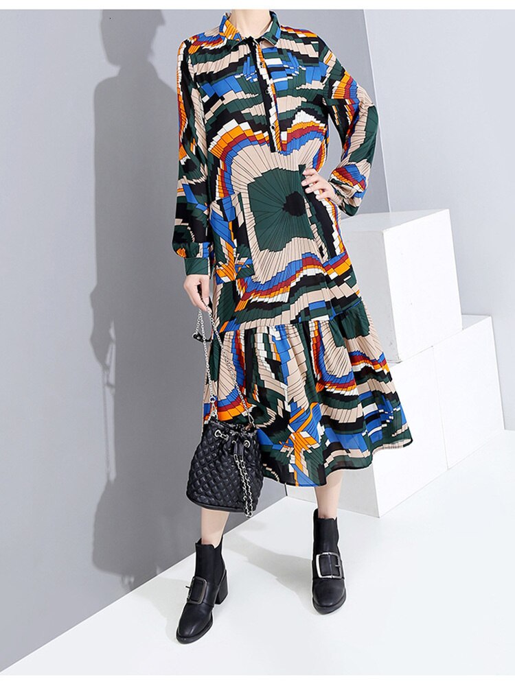 Multi Print Pattern Long Sleeve & Belted Waist Long Skirt Dress in Green