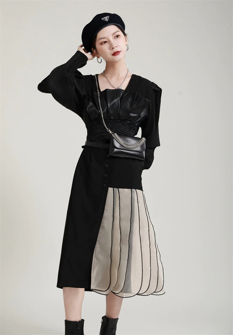 High Waist Skirt with Dual Body Half Black A-line & half Chiffon Pleated in Black