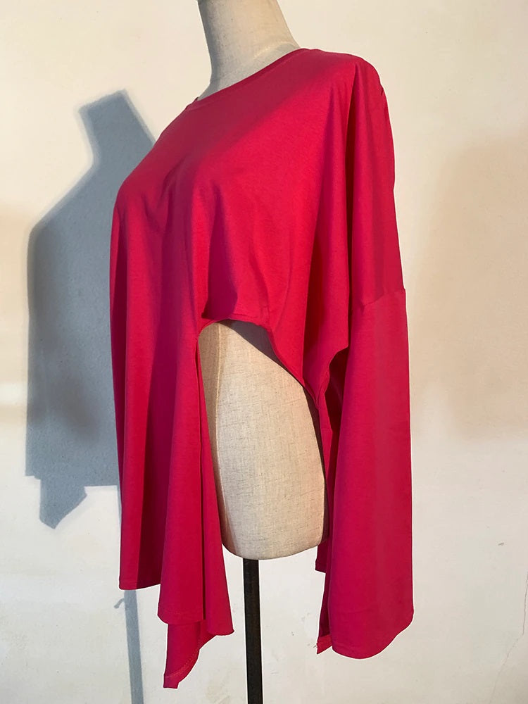 Long Sleeve Tee with Side Cut-Out Round Neck in Rose