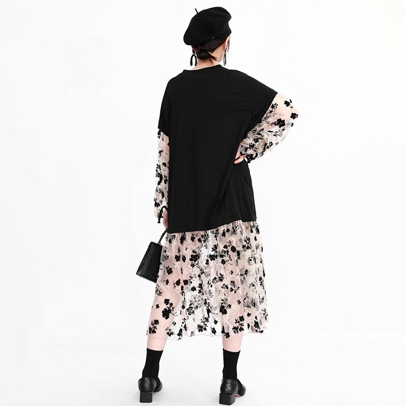 V-Neck Drop Waist Sheer Floral Print Skirt and Sleeves with Black Bodice Dress