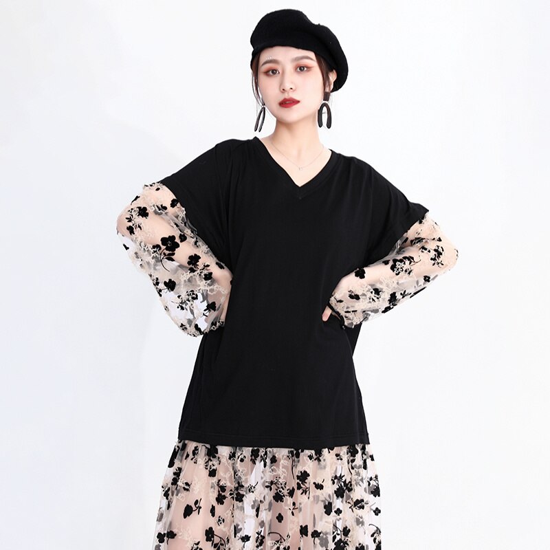 V-Neck Drop Waist Sheer Floral Print Skirt and Sleeves with Black Bodice Dress