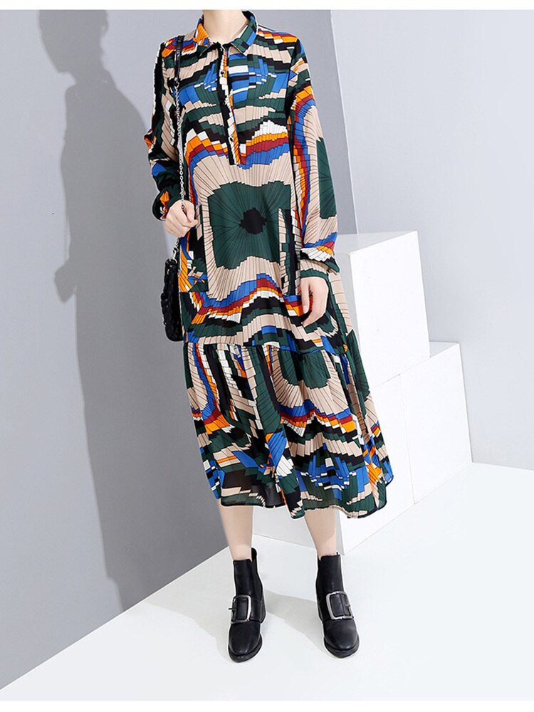 Multi Print Pattern Long Sleeve & Belted Waist Long Skirt Dress in Green