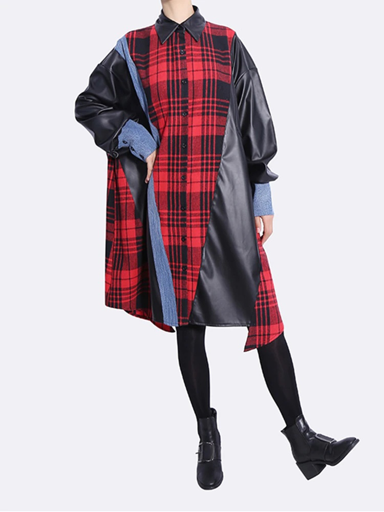 Plaid Leather Long Sleeve Shirt Dress with A-line Fit in Red