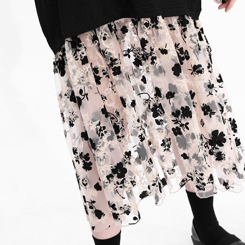 V-Neck Drop Waist Sheer Floral Print Skirt and Sleeves with Black Bodice Dress