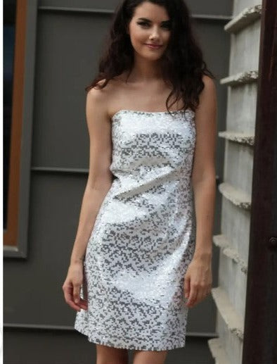 White and Silver Sequin Strapless Dress