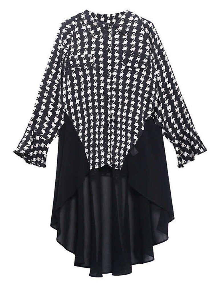 Button-down Cotton & Chiffon Print Blouse Long Sleeve w/ Chiffon Skirt in BLK/WHT