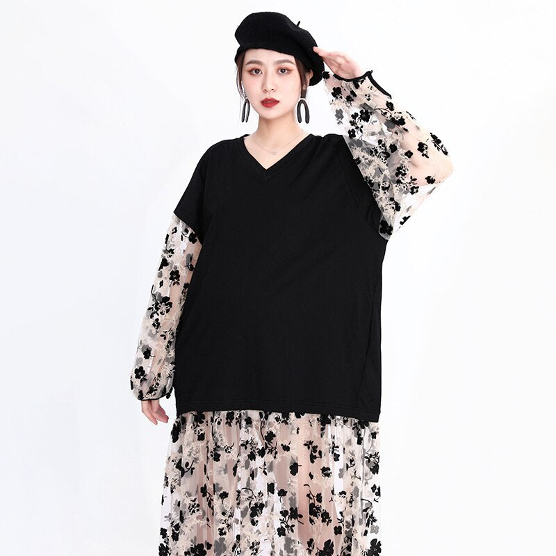 V-Neck Drop Waist Sheer Floral Print Skirt and Sleeves with Black Bodice Dress