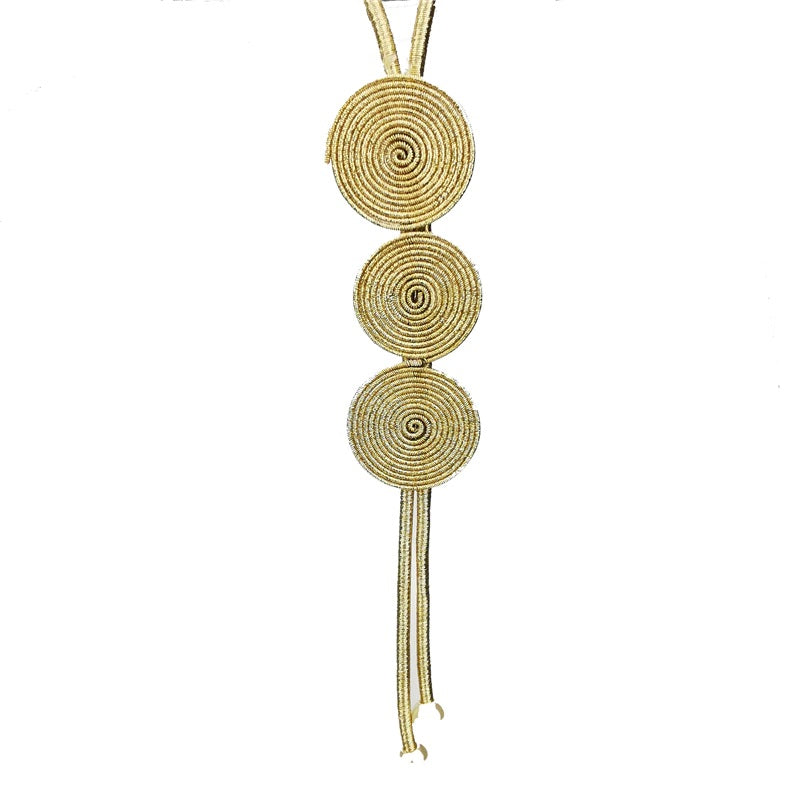 Triple Coil Gold Pendant Long Necklace With Long Tassel and Faux Pearls