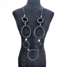 Recycled Rubber and Silicone Geo Circle Link Long Necklace Black