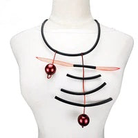 Recycled Rubber and Silicone Geo Necklace w/ Faux Red Pearls Short Necklace