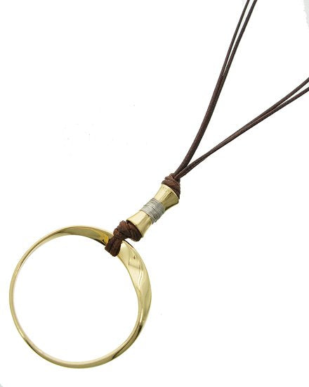Long Necklace Gold Tone Circle Pendant Brown Cord Multi Strand