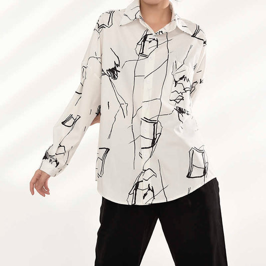 White & Black Abstract Pattern Oversized Button Down Shirt