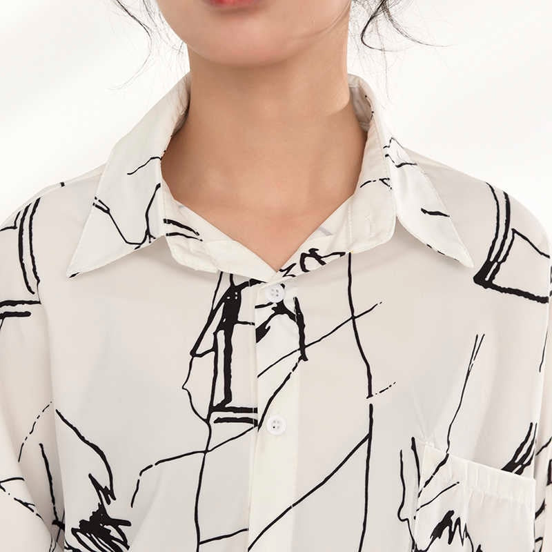 White & Black Abstract Pattern Oversized Button Down Shirt