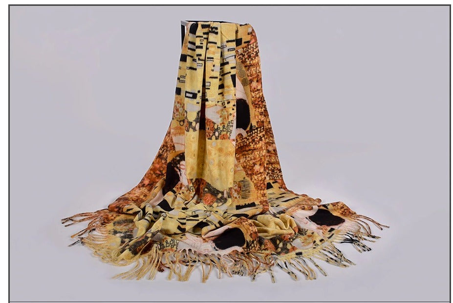 Art Printed Fall/Winter Scarf Klimt "The Kiss" Yellow/Coffee