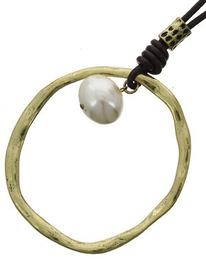 Long Necklace Antiqued Gold Circle Pendant & Pearl on Brown Leather Cord