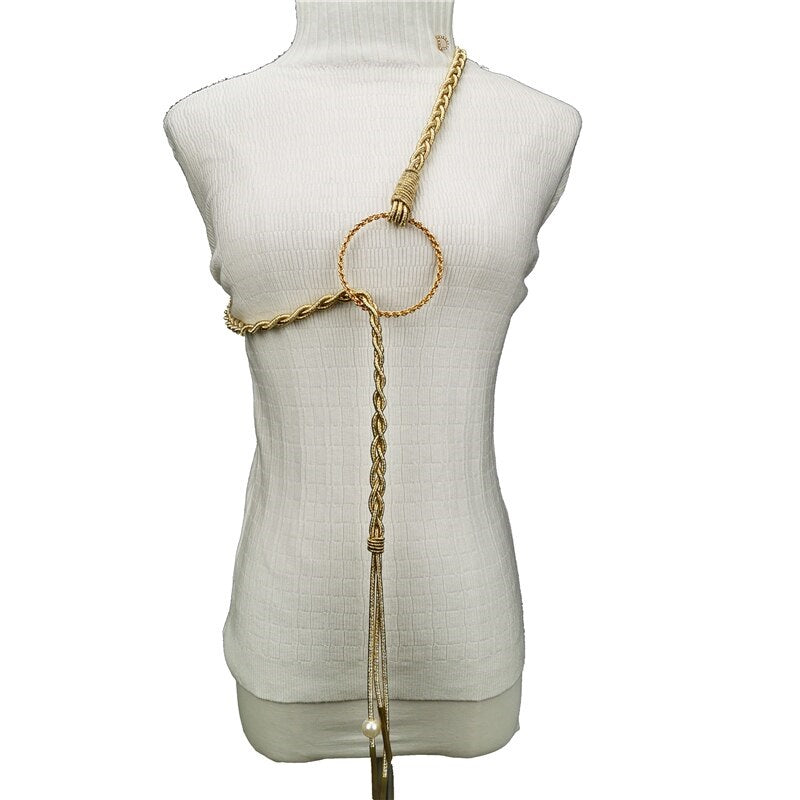 Gold Cord Women’s Fashion Belt with Braided Design and Faux Pearl Accents