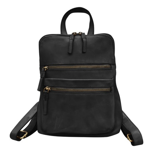 Washed Leather Small Backpack in Black