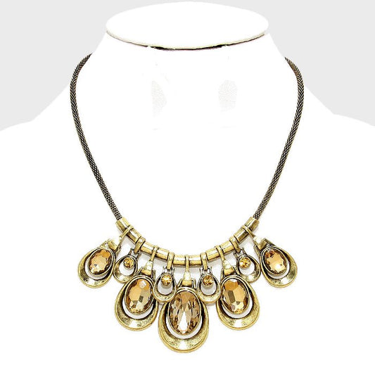 Oval Crystal Collar Metal Mesh Necklace