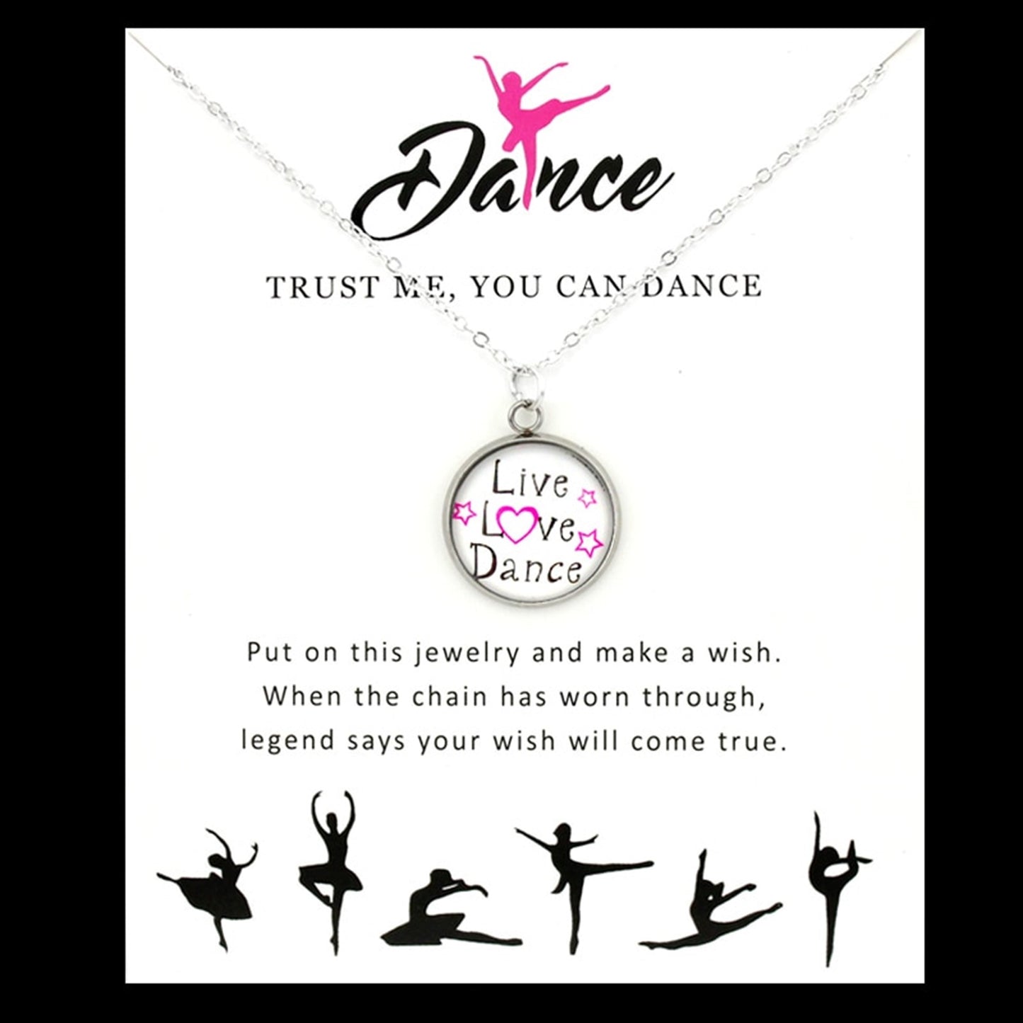 Girls "Live Love Dance" Glass Cabochon Pendant Fashion Necklace Silver Tone