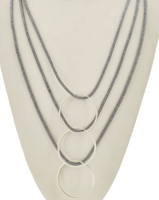 Long Necklace Multi Strand Silver Tone/Silver Black With Open Round Matte Circles