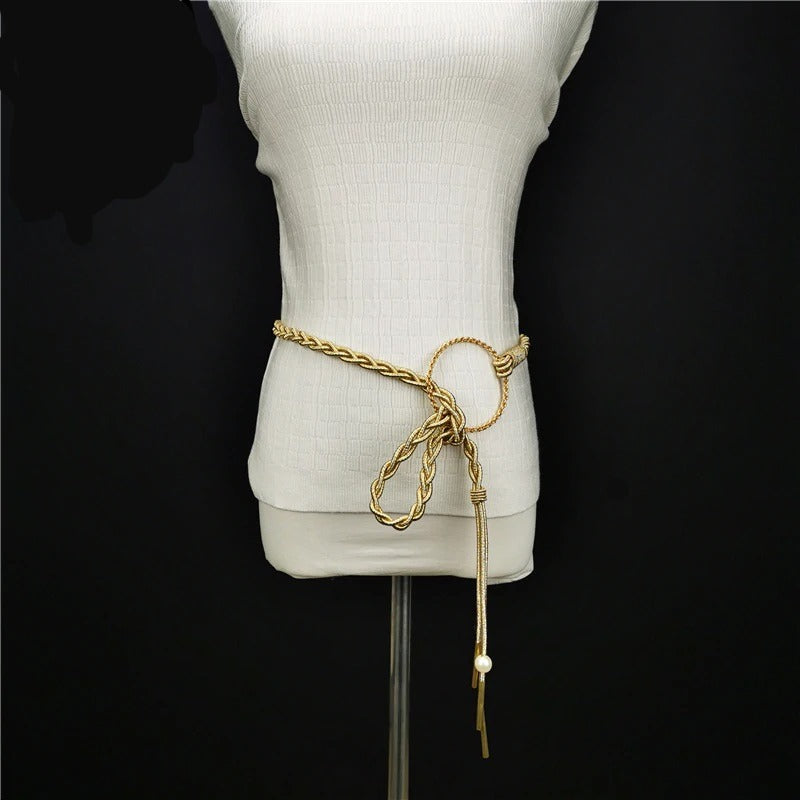 Gold Cord Women’s Fashion Belt with Braided Design and Faux Pearl Accents