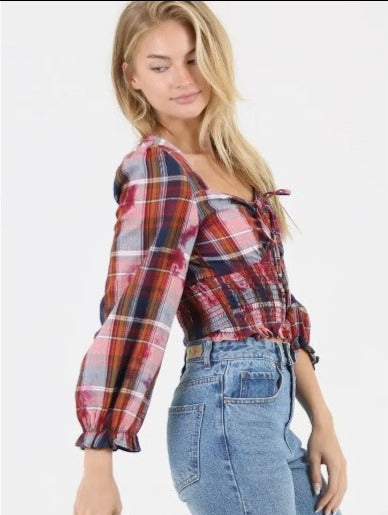 Plaid Top with Bleach Effect and Smocked Waist