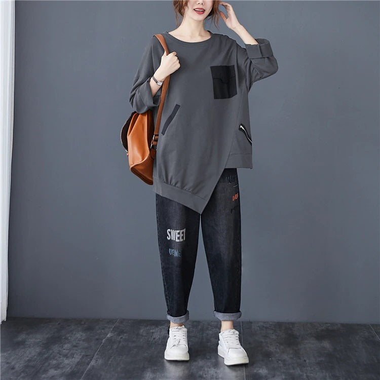 Casual Patchwork Accent with Zipper Pocket Top Color Gray