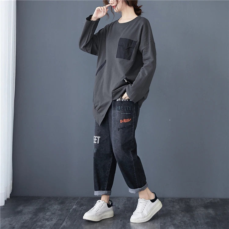 Casual Patchwork Accent with Zipper Pocket Top Color Gray