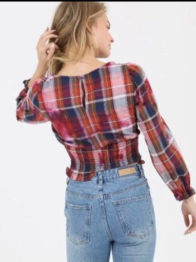 Plaid Top with Bleach Effect and Smocked Waist