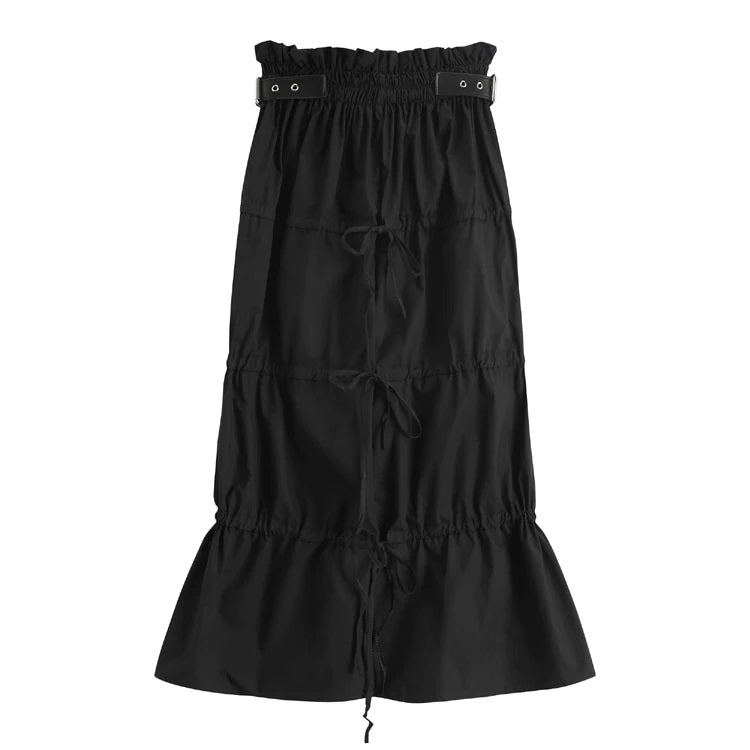 High Waisted Tulip Skirt Long Skirt with Leather Belt at Waist Band Black