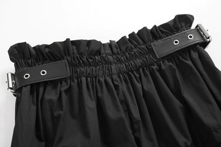 High Waisted Tulip Skirt Long Skirt with Leather Belt at Waist Band Black