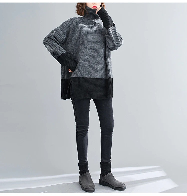 Turtleneck Sweater Knit Two Tone Color Casual Sweater Oversized Gray/Black