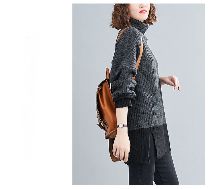 Turtleneck Sweater Knit Two Tone Color Style Autumn Sweater Oversized Charcoal/Black
