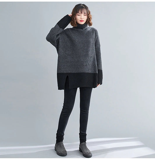 Turtleneck Sweater Knit Two Tone Color Style Autumn Sweater Oversized Charcoal/Black