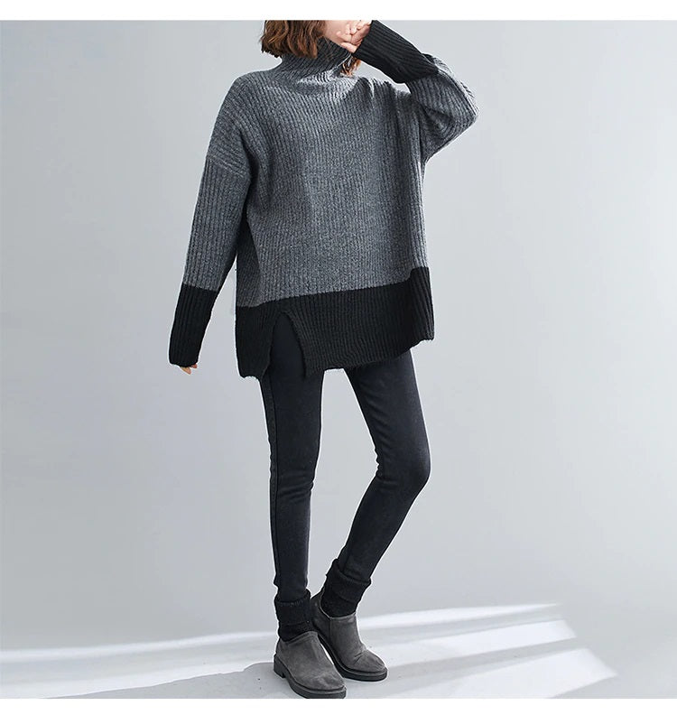 Turtleneck Sweater Knit Two Tone Color Casual Sweater Oversized Gray/Black
